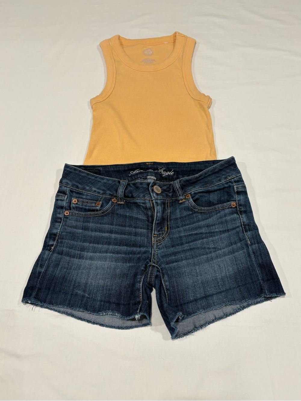 American Eagle Outfitters Dark Blue Denim Jean Shorts with Mustard Tank